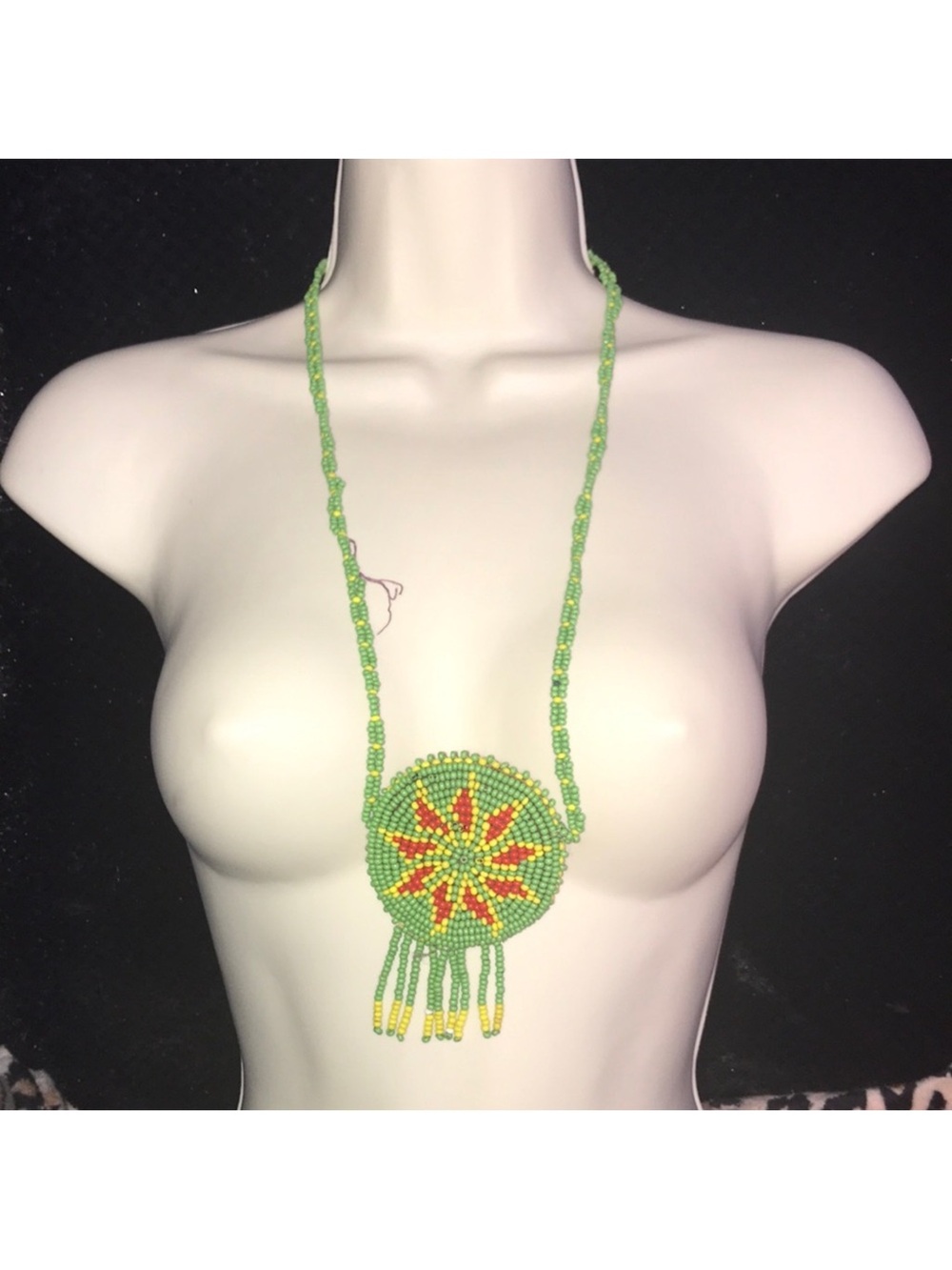 Handmade Green Beaded Pendant Necklace Red & Yellow Star Design Dreamcatcher